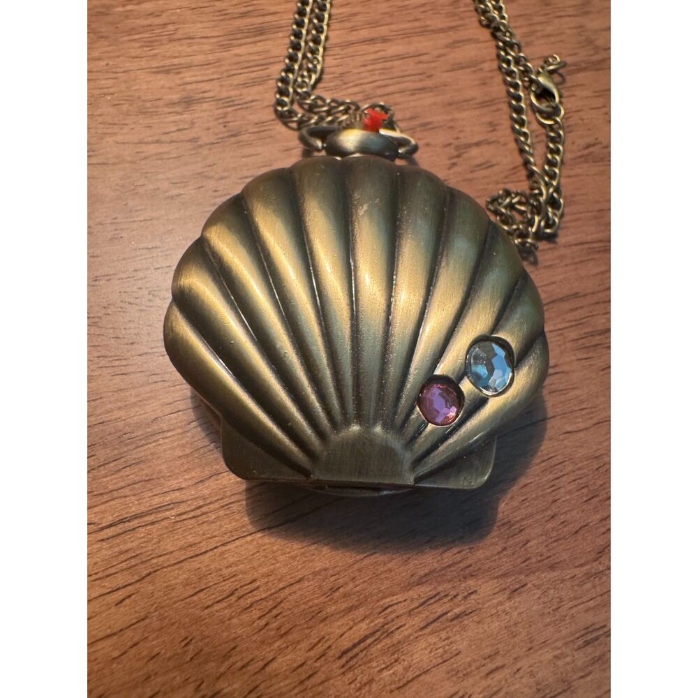 Seashell Pocket Watch Bronze Tone with Rhinestones Mermaid Nautical